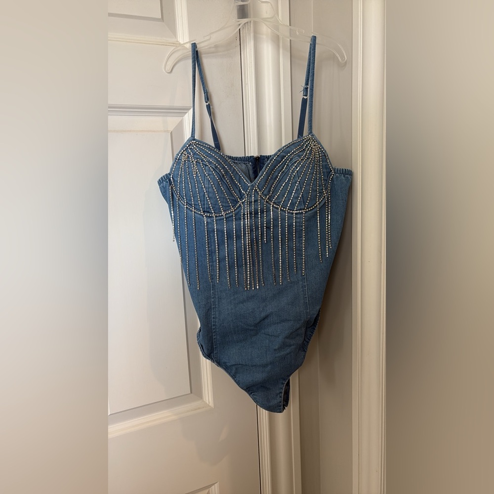 Blue Embellished Bodysuit